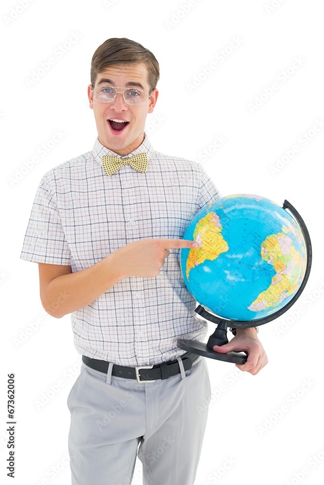 Aufkleber Geeky hipster holding a globe smiling at camera
