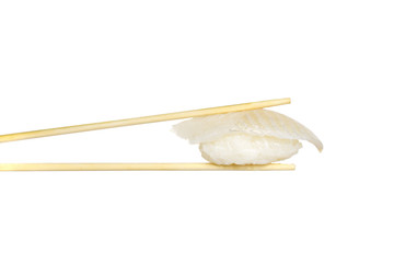 Perch nigiri in chopsticks isolated on white background