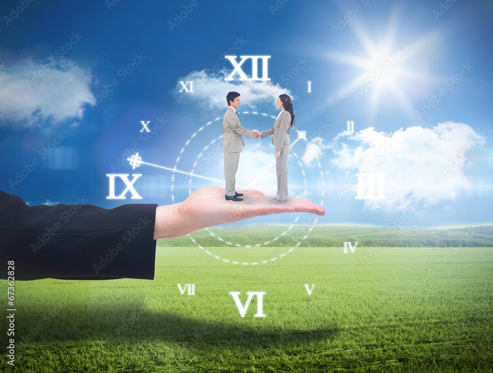 Poster composite image of side view of hand shaking trading partners
