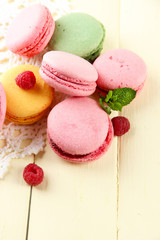 Gentle macaroons on table close-up