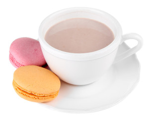 Cocoa drink  and macaroni isolated on white