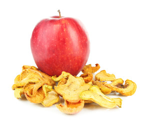 Dried apples and fresh apple, isolated on white