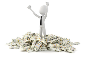 3d man businessman standing in the middle of stack of money