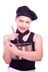 Teen girl with pan and ladle