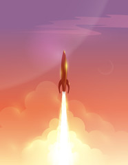 Fototapeta premium Vector illustration of retro rocket over beautiful sky