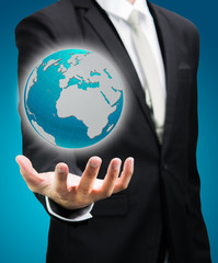 Businessman standing posture hand holding Earth icon isolated