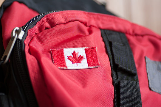 Canadian flag on backpack
