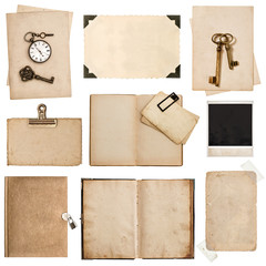 antique grungy paper sheets, books and photo frames
