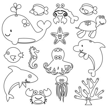Vector Set of Cute Sea Creature Line Art
