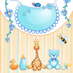Baby shower card with toys.