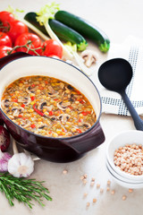 Soup with chickpeas, mushrooms and vegetables