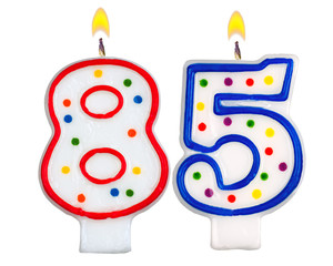 Birthday candles number eighty five isolated on white background