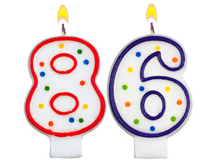 Birthday candles number eighty six isolated on white background