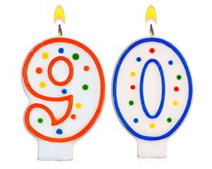 Birthday candles number ninety isolated on white background