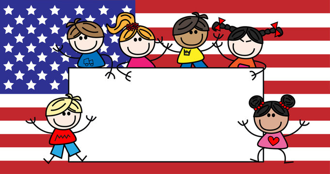 mixed ethnic children american flag
