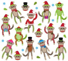 Fototapeta premium Vector Collection of Cute Christmas Themed Sock Monkeys