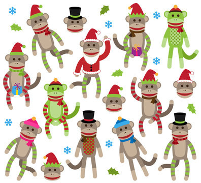Vector Collection of Cute Christmas Themed Sock Monkeys
