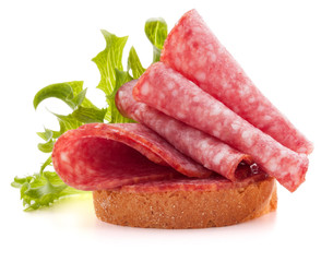 sandwich with salami sausage on white background  cutout