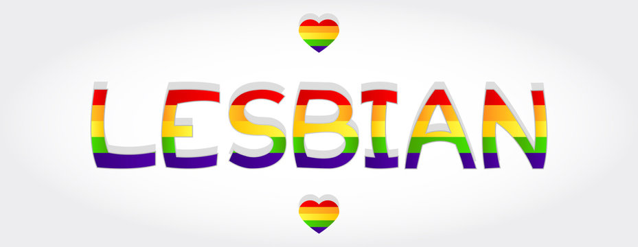 Lesbian stylized word with rainbow and two heart