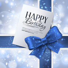 Vector birthday card with blue ribbon and birthday text.
