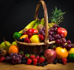 Fotobehang Mix of fresh fruits on wicker bascket © larcobasso