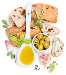 Olive  bread, olive fruits and oil from top view