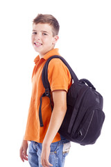 Portrait of a school boy with backpack, isolated on white backgr