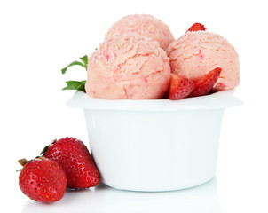 Tasty ice cream scoops in bowl, isolated on white