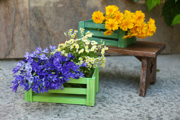 Garden decoration with wildflowers, outdoors