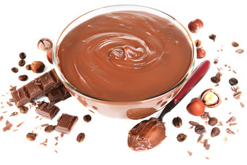 Sweet chocolate cream in bowl isolated on white