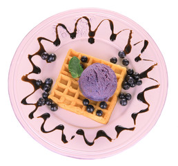 Tasty belgian waffles with ice cream, isolated on white