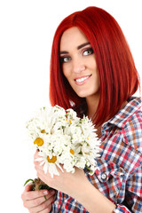 Beautiful young woman holding bouquet isolated on white