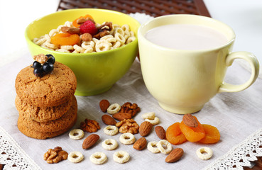 Healthy breakfast with cereal and milk, close up