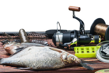fishing tackle and caught fish on the table isolated