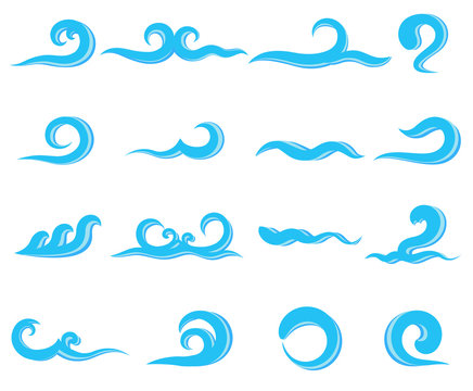 Set of blue sea waves, water splashing