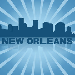 New Orleans skyline reflected with blue sunburst illustration