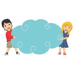 Vector Illustration Of Cute Children Holding Cloud