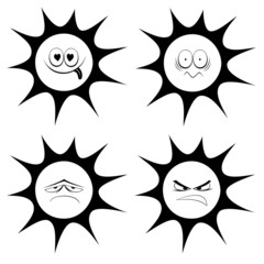 Collection of four black and white, cute sun character icons