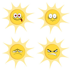 Collection of four colored, cute sun character icons