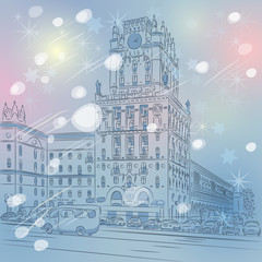Vector Christmas winter cityscape of a city-center