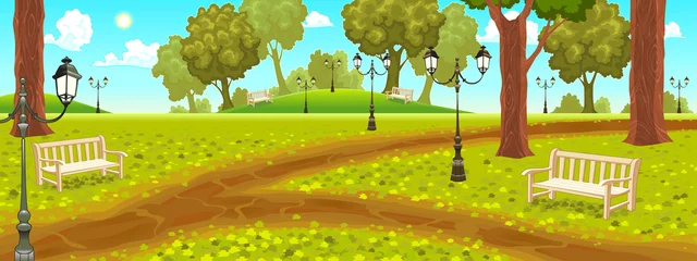 Fotobehang Park with benches and street lamps. © ddraw