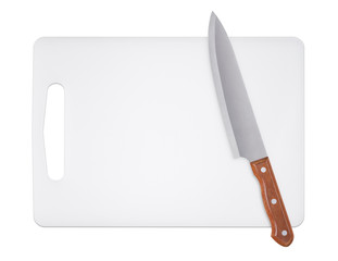 Cutting board and kitchen knife on a white background