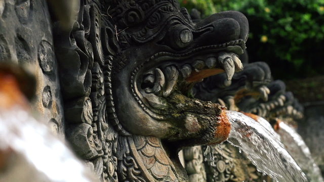 Water flowing from dragon sculpture, hot springs Bali