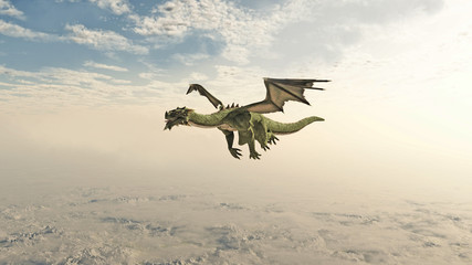 Naklejka premium Green Dragon Flying through the Clouds