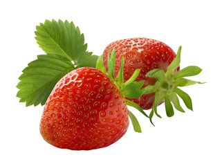 Two fresh strawberry and leaves isolated on white background
