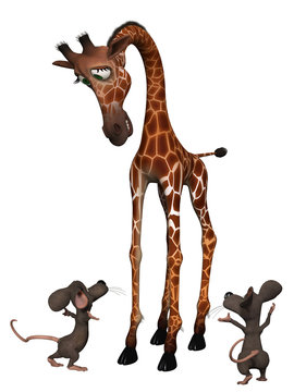 Giraffe with two cartoon mice. Tall small concept