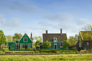 Obraz premium rural dutch scenery of small old houses and canal in Zaanse, Net