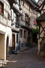 Fototapeta na wymiar Street with half-timbered medieval houses in Eguisheim in Alsace
