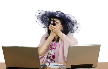 Online acting studio owner applying powder on her face