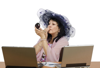 E-learning teacher powdering her face